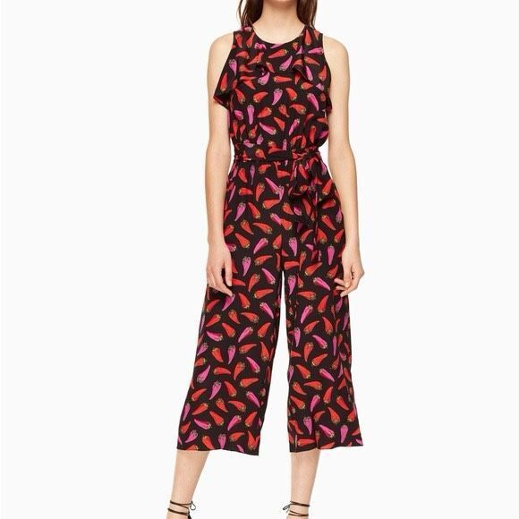 Kate Spade 100% silk black red pink hot pepper cropped wide leg jumpsuit sz 4